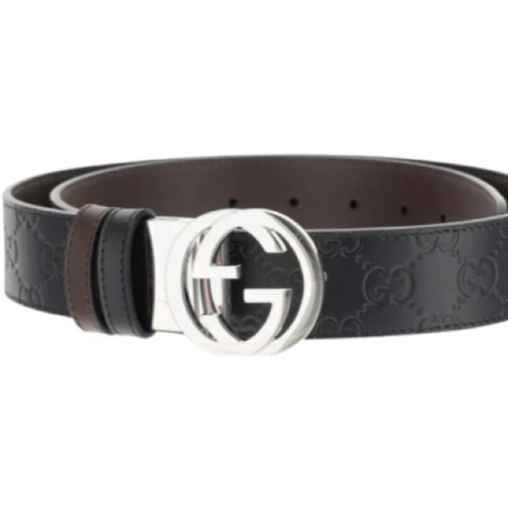 Gucci Black and Brown Leather Belt with Silver Buckle